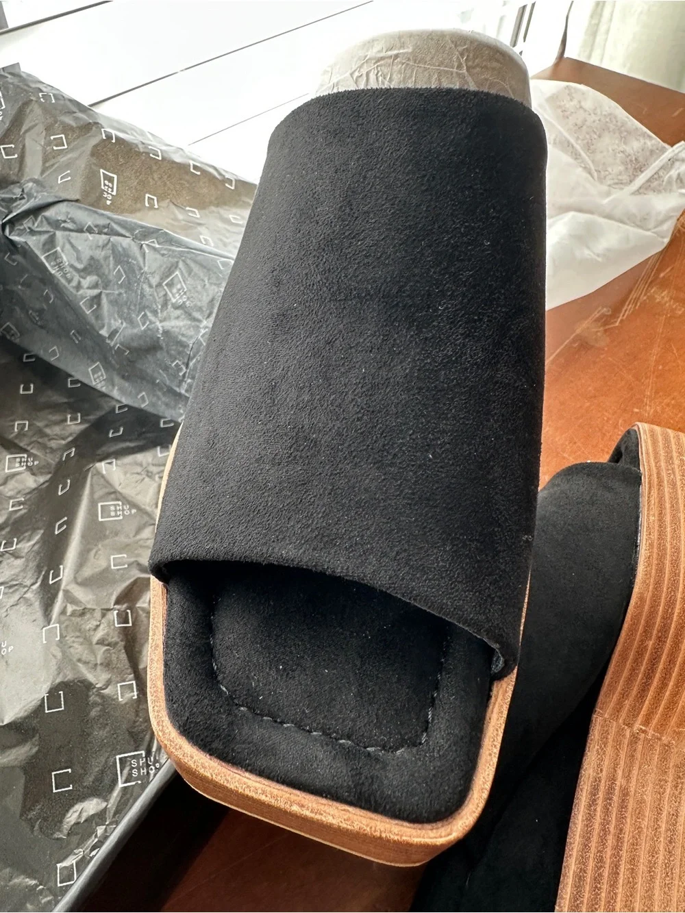 ShuShop Black Platform Slide with Brown Stacked Sole